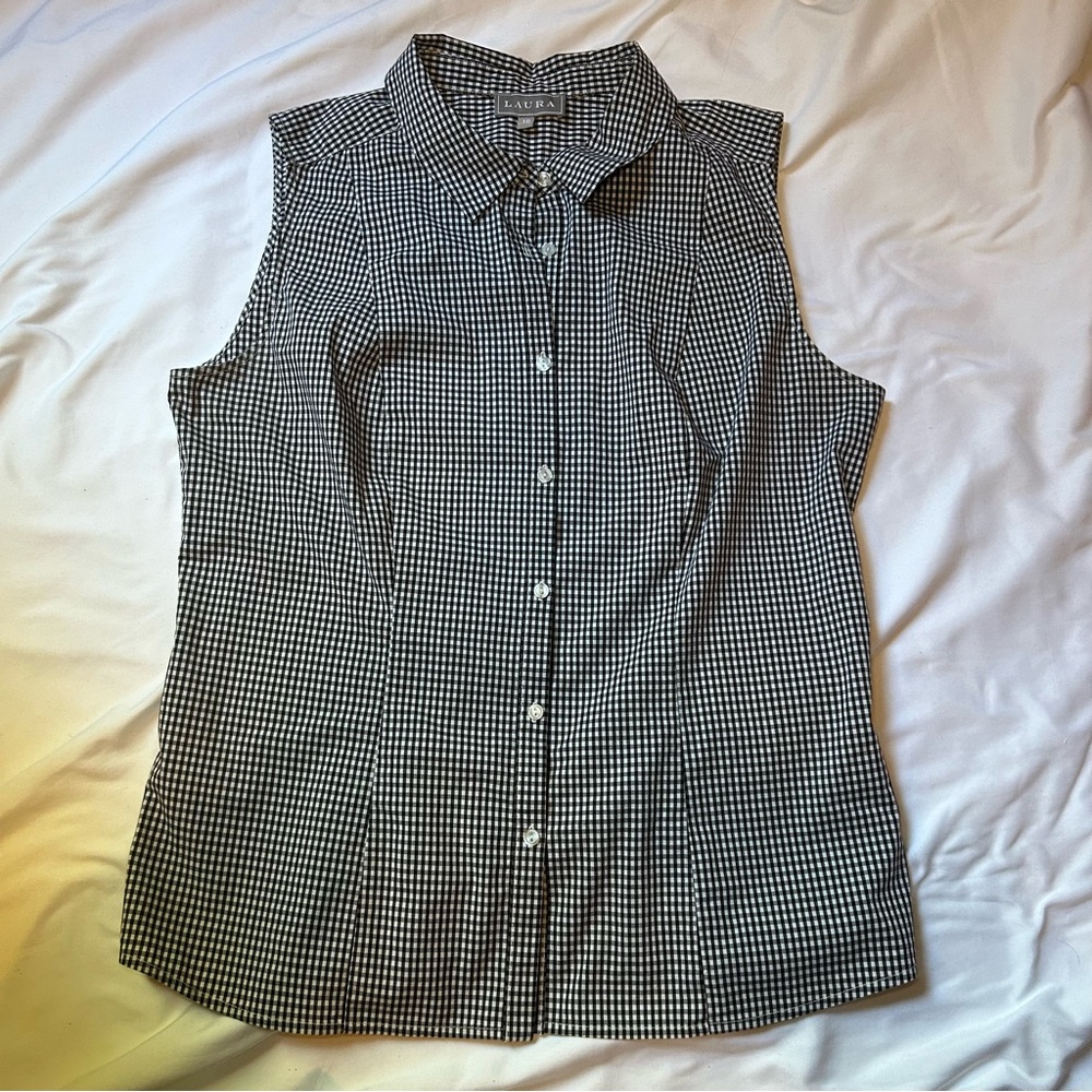 Laura Black and White Gingham Print Blouse Sleeveless Button Up Top Size 12